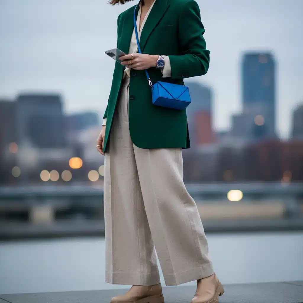 Deep forest green blazer with oat milk beige trousers, urban setting