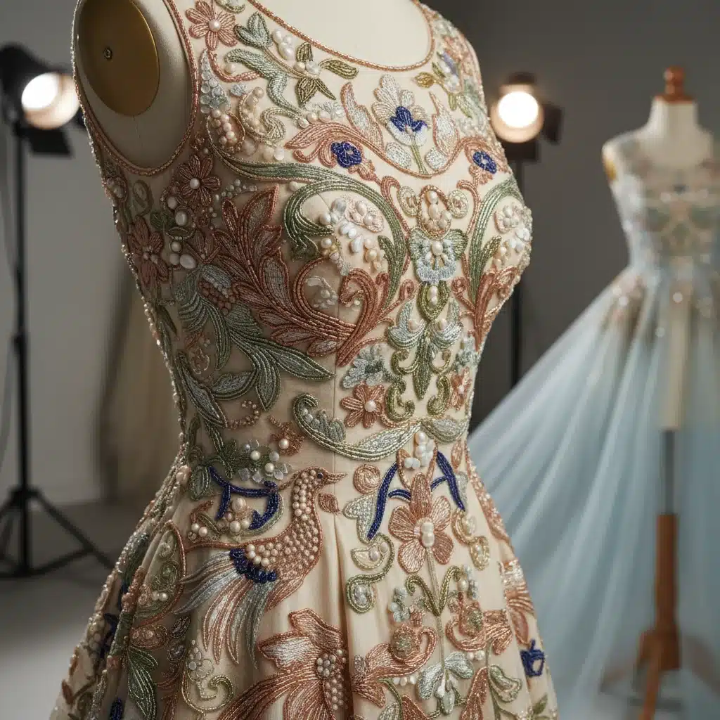 Intricate embroidery on haute couture bodice, sustainable fashion