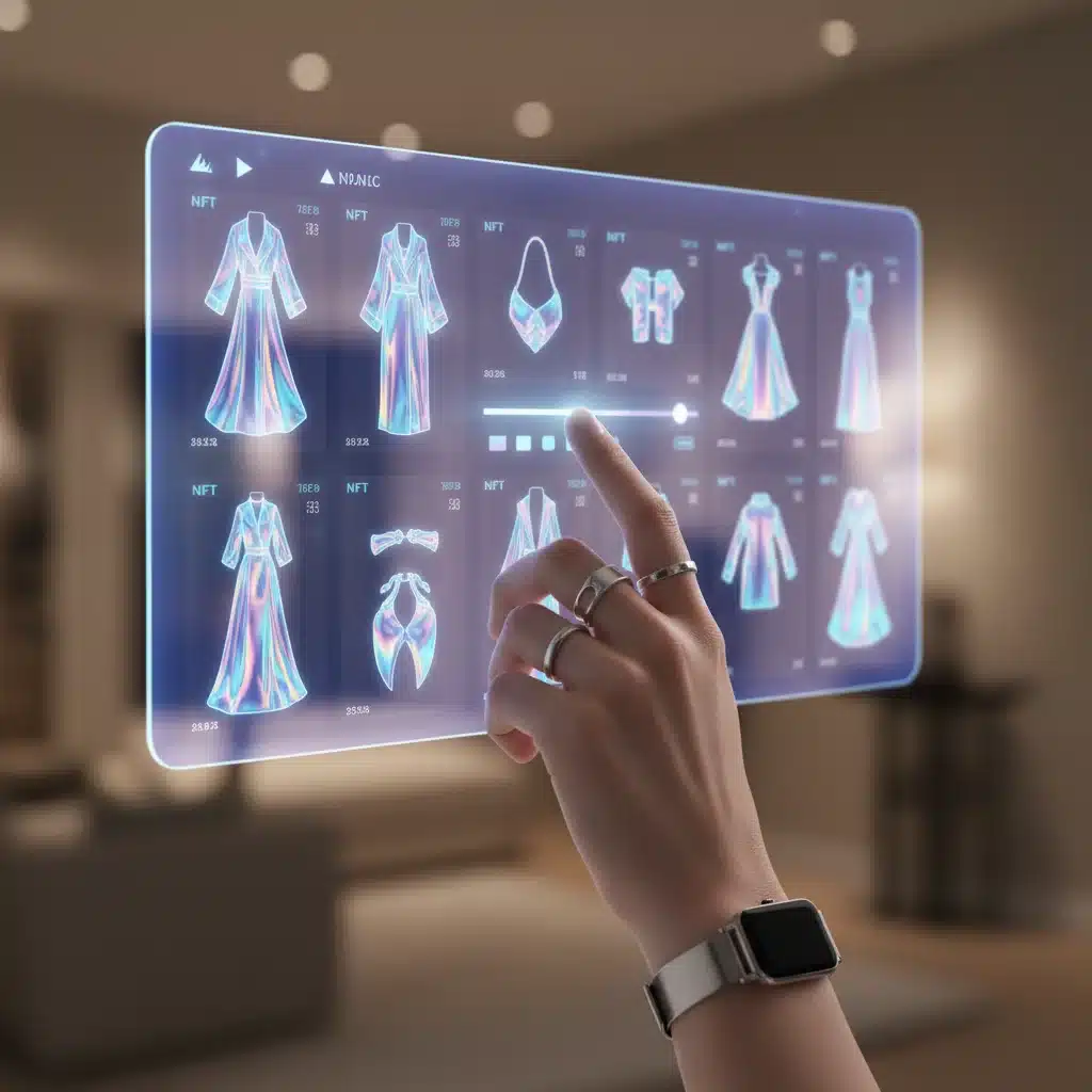 Person interacting with a holographic interface, symbolizing virtual fashion and AI-driven design.