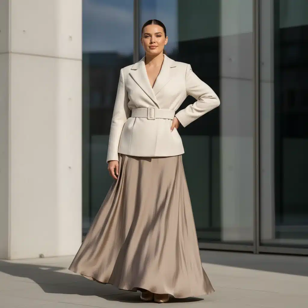Model with hourglass figure in cinched-waist jacket and A-line skirt, highlighting natural curves.