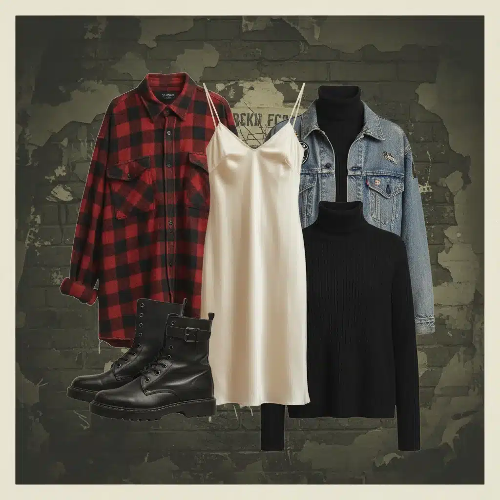 Iconic 1990s fashion items collage: slip dress, flannel, combat boots