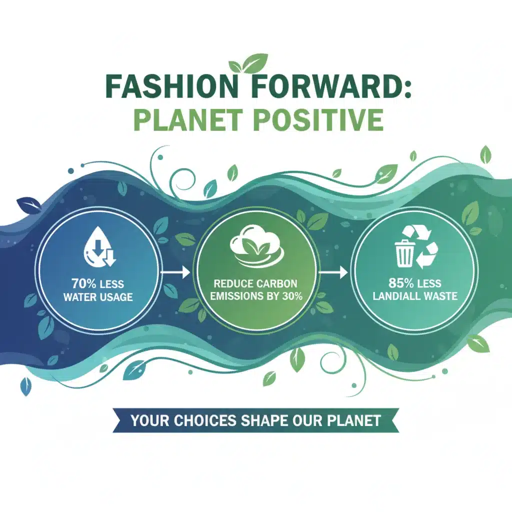 Infografía sobre el impacto ambiental positivo de la moda sostenible: ahorro de agua, menos emisiones y residuos.