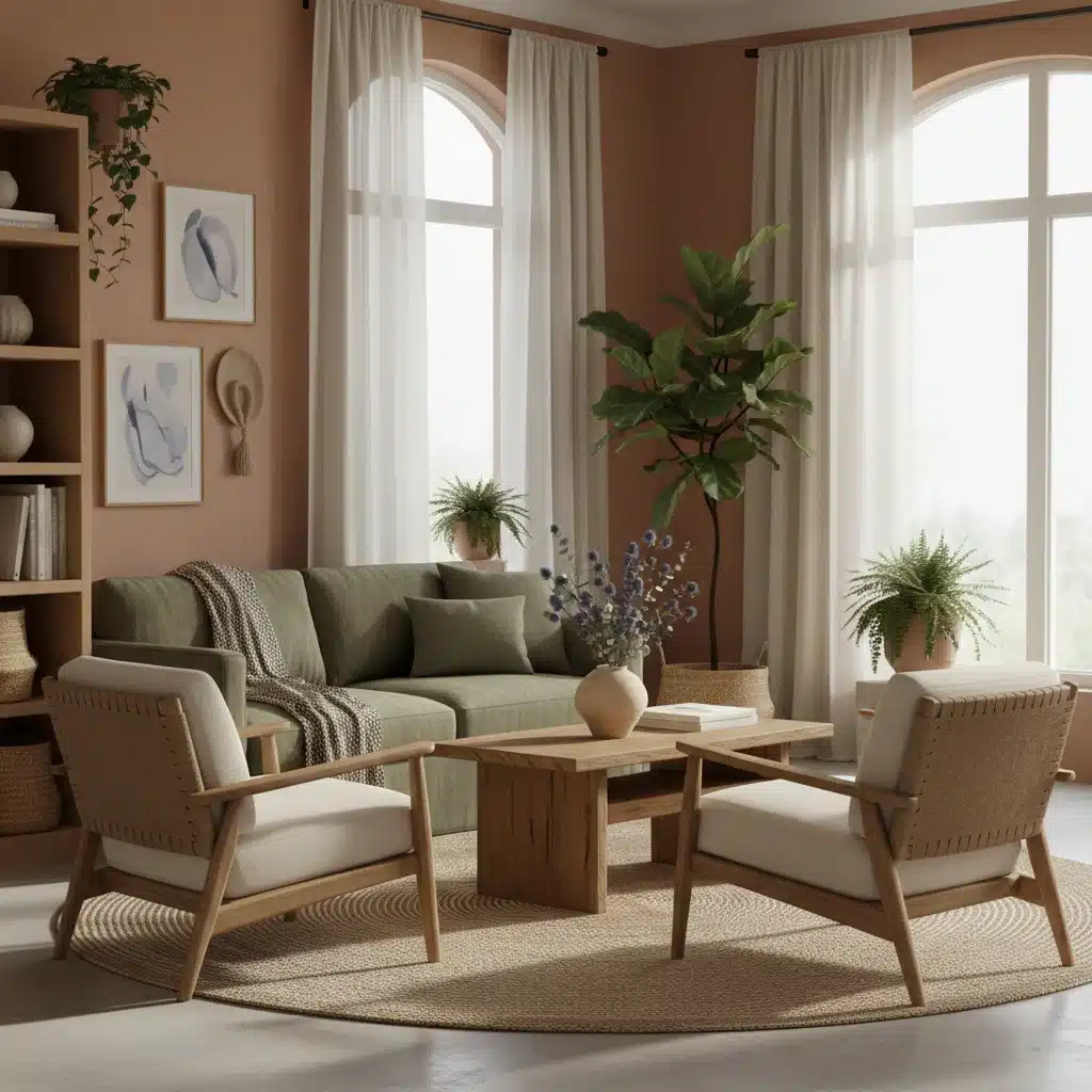 Modern living room with earthy green, terracotta, and periwinkle accents.