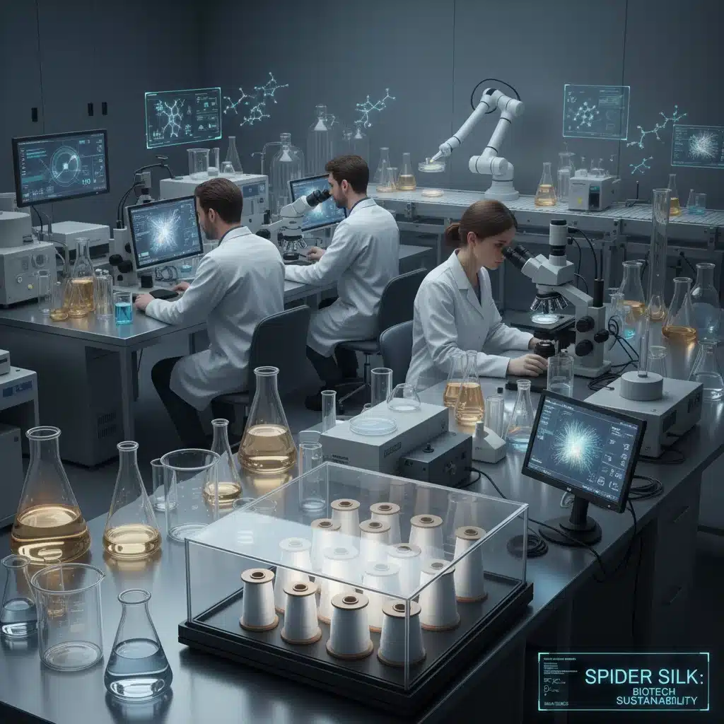Scientists examining lab-grown silk in a high-tech laboratory
