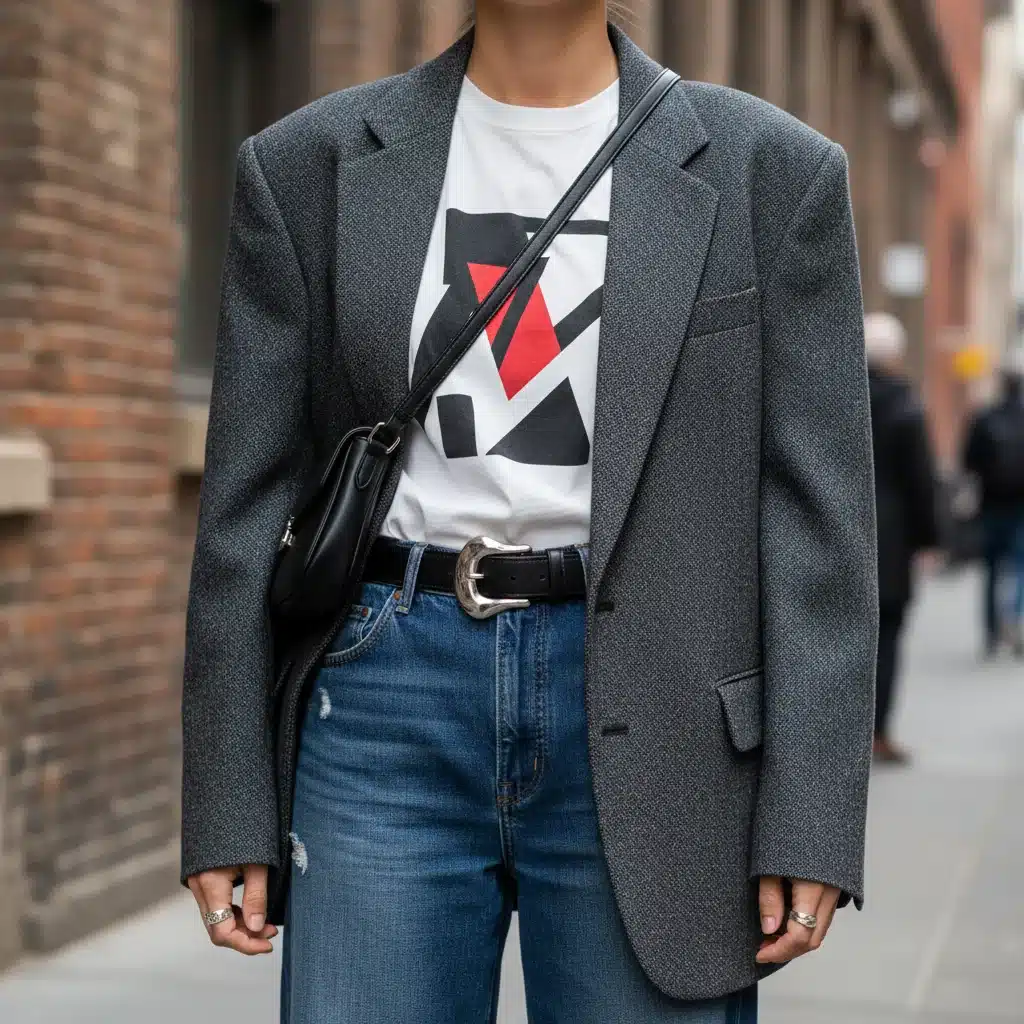 Detailed layered street style outfit with blazer, graphic tee, and accessories.