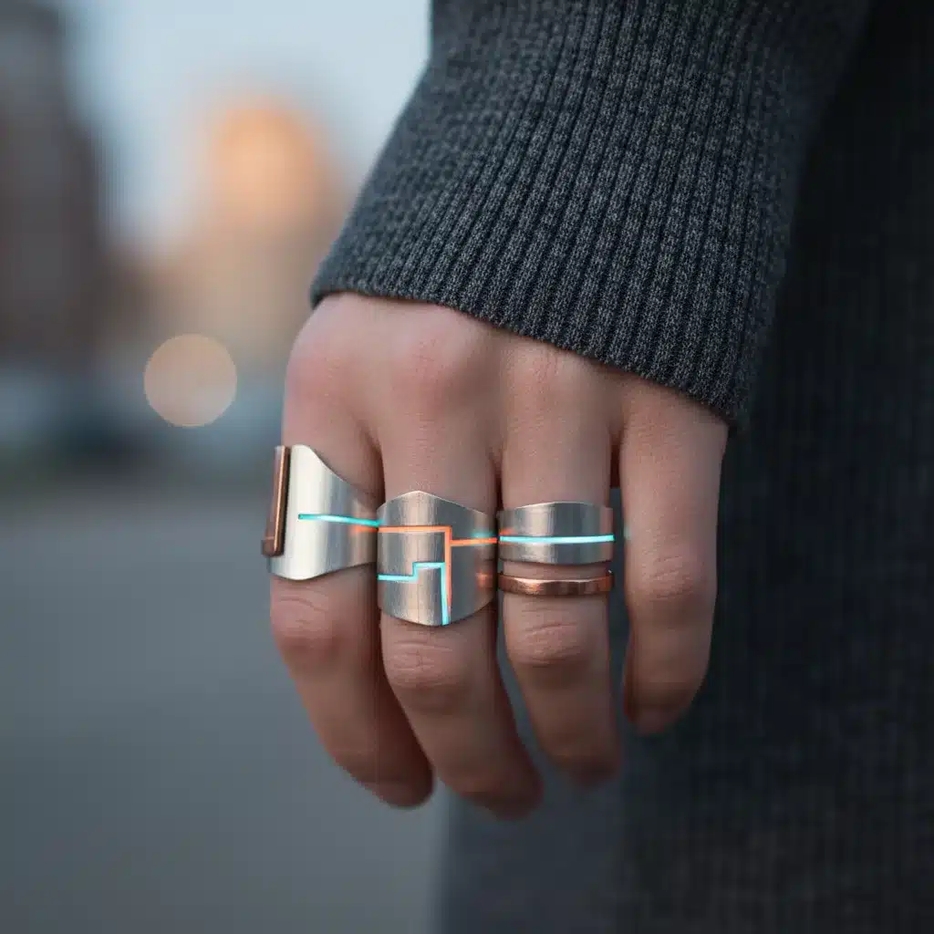 Close-up of a hand wearing layered, tech-infused rings, showcasing futuristic jewelry trends.