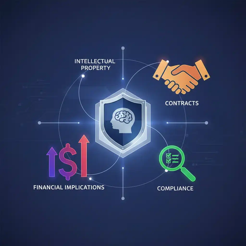 Graphic showing interconnected legal concepts: IP protection, contracts, compliance, and finance for designers.