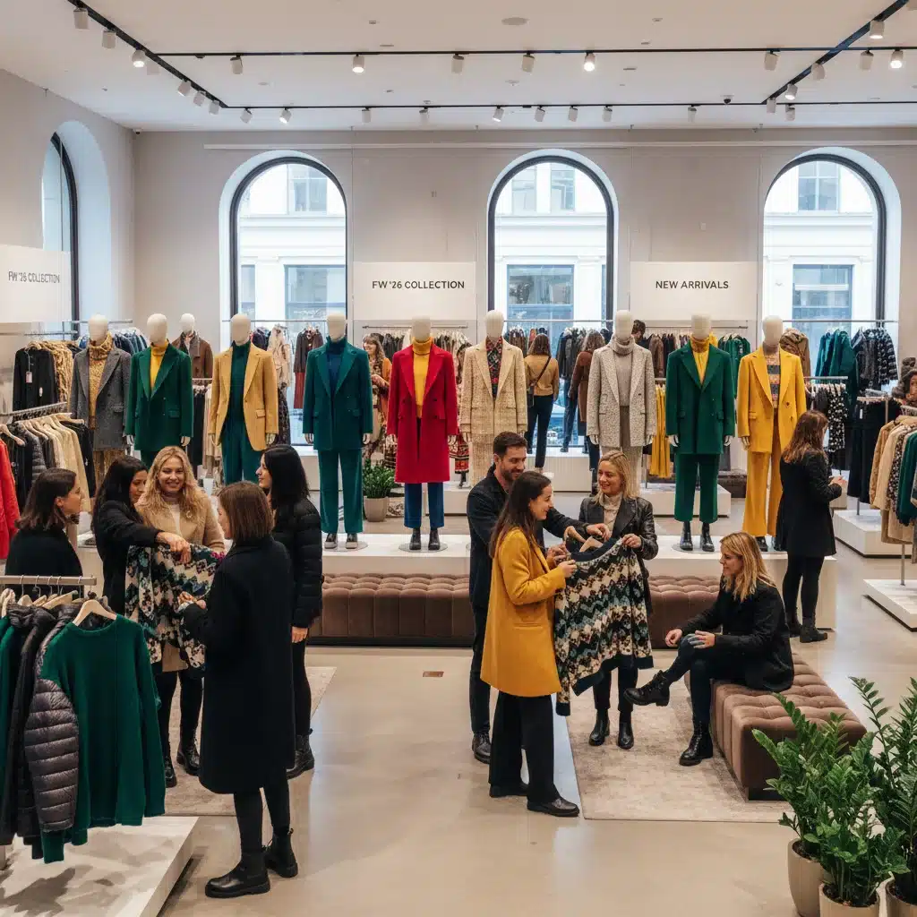 Mainstream retail store interior showcasing Fall/Winter 2026 inspired clothing on mannequins and shoppers browsing.