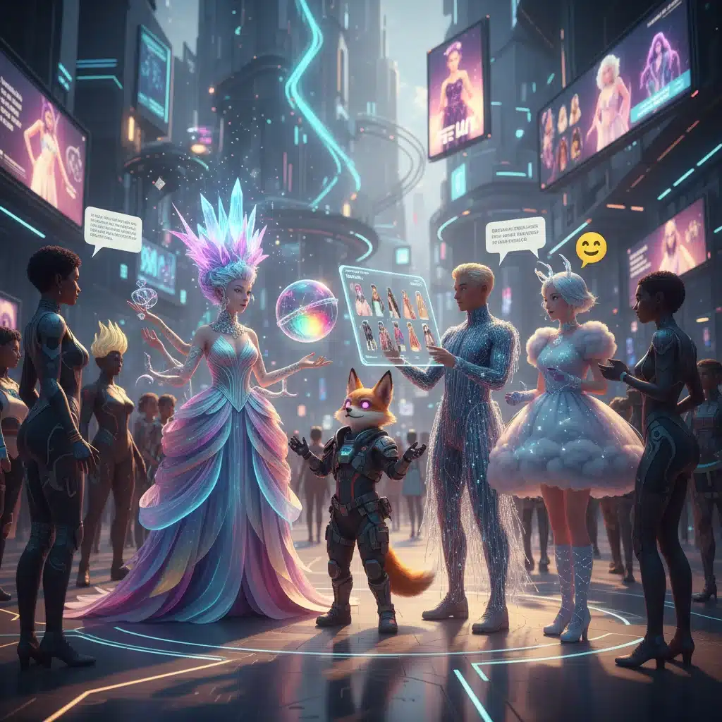Diverse digital avatars expressing individuality through virtual outfits in a metaverse community.