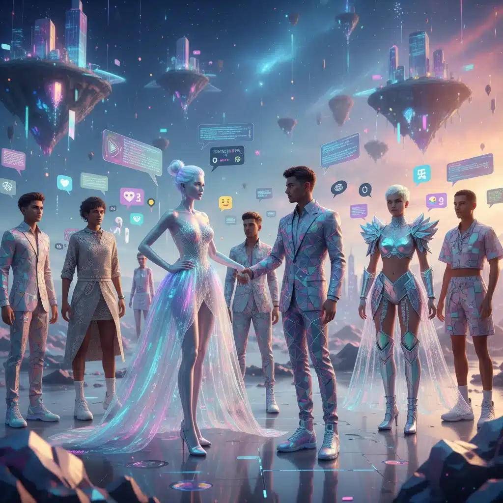 Avatars in metaverse wearing diverse high-fashion digital outfits