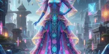 Digital avatar showcasing futuristic metaverse fashion ownership in a vibrant virtual city.