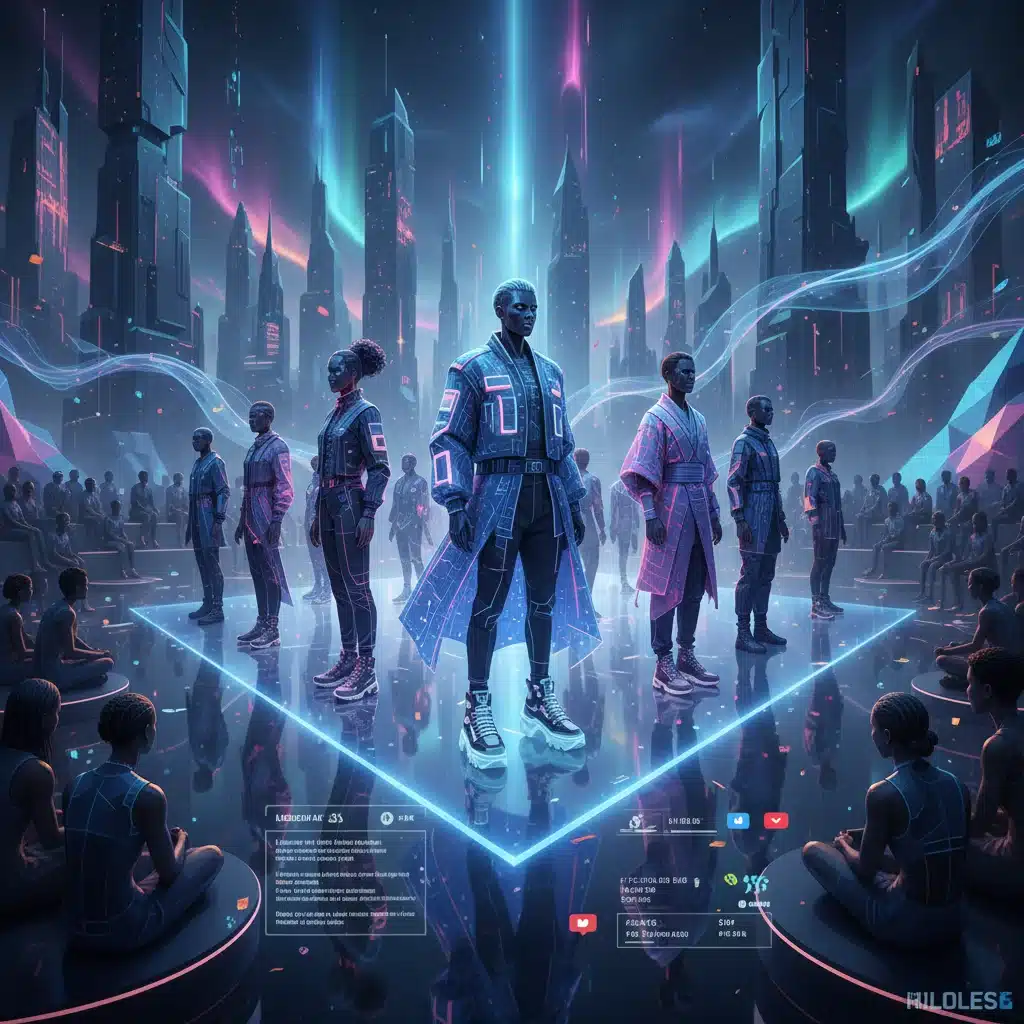 Metaverse fashion show with futuristic street style avatars.