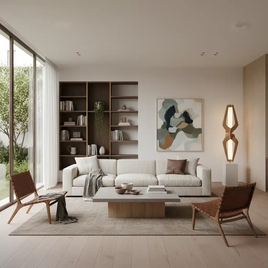 Modern minimalist interior design with custom furniture and natural light