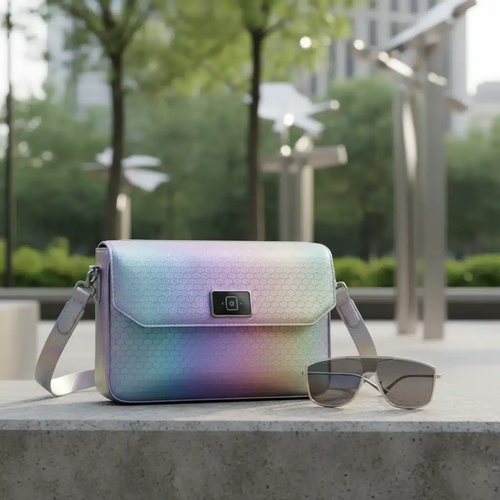 Futuristic gender-neutral crossbody bag and oversized smart sunglasses on an urban bench.