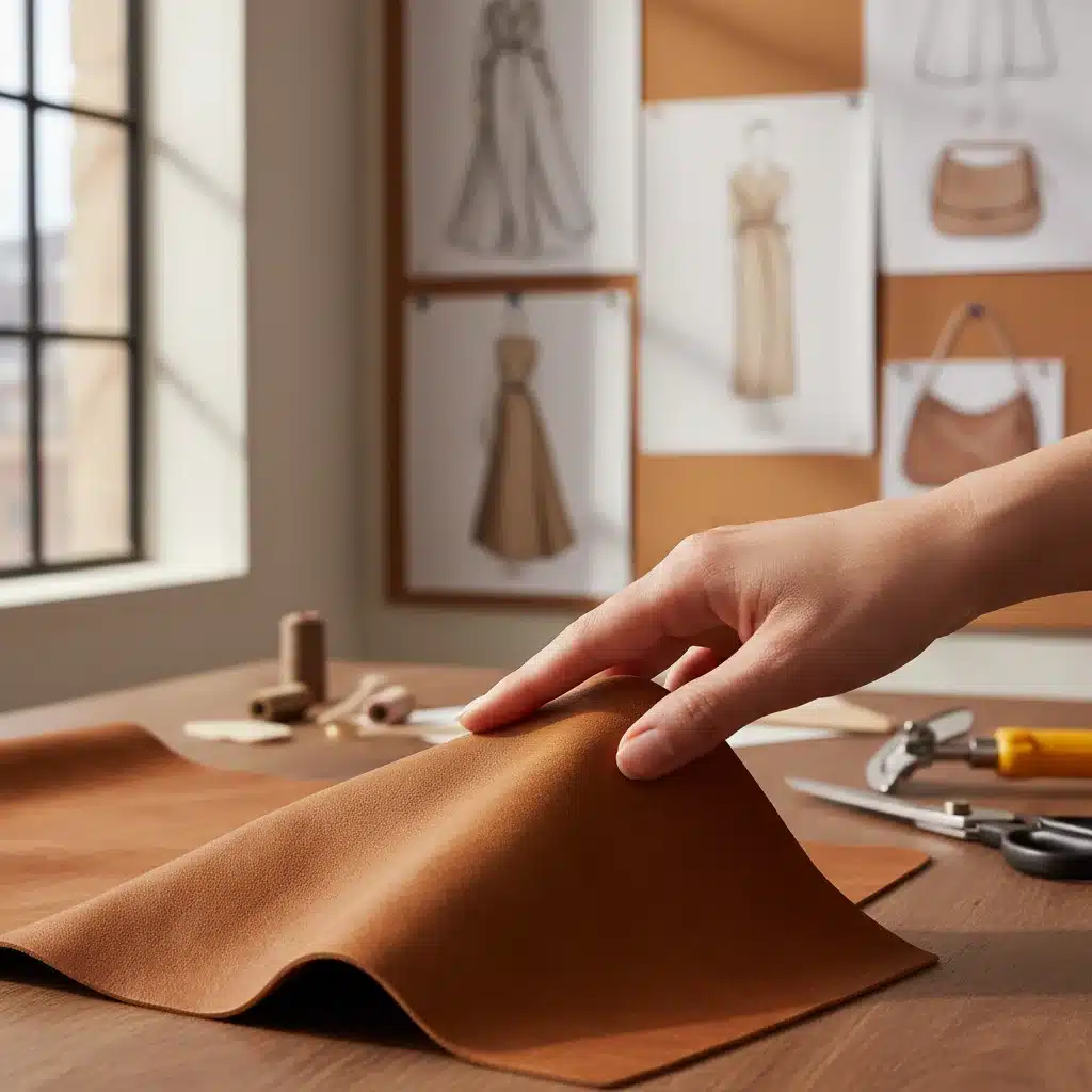 Designer touching Mylo mushroom leather swatch in an atelier
