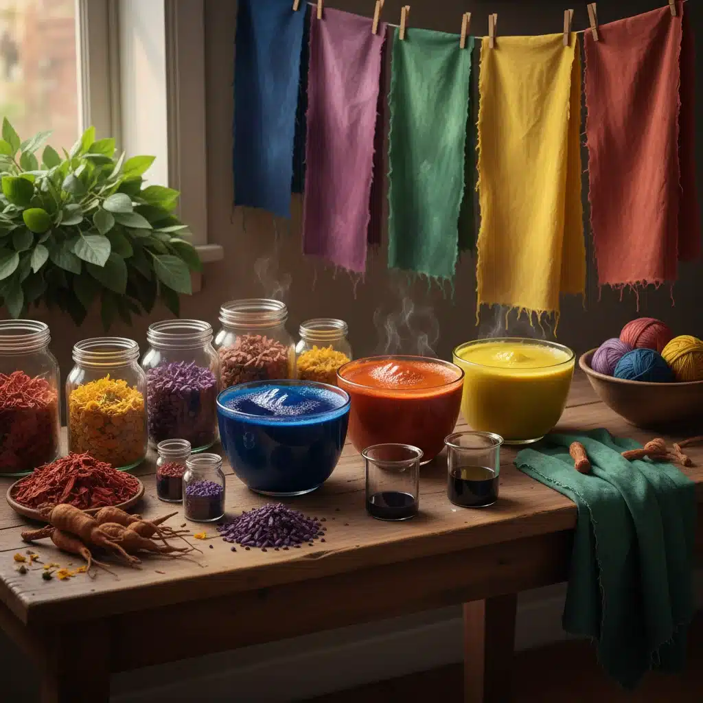 Natural dyes and plant materials used in traditional textile coloring, with dyed fabric swatches.