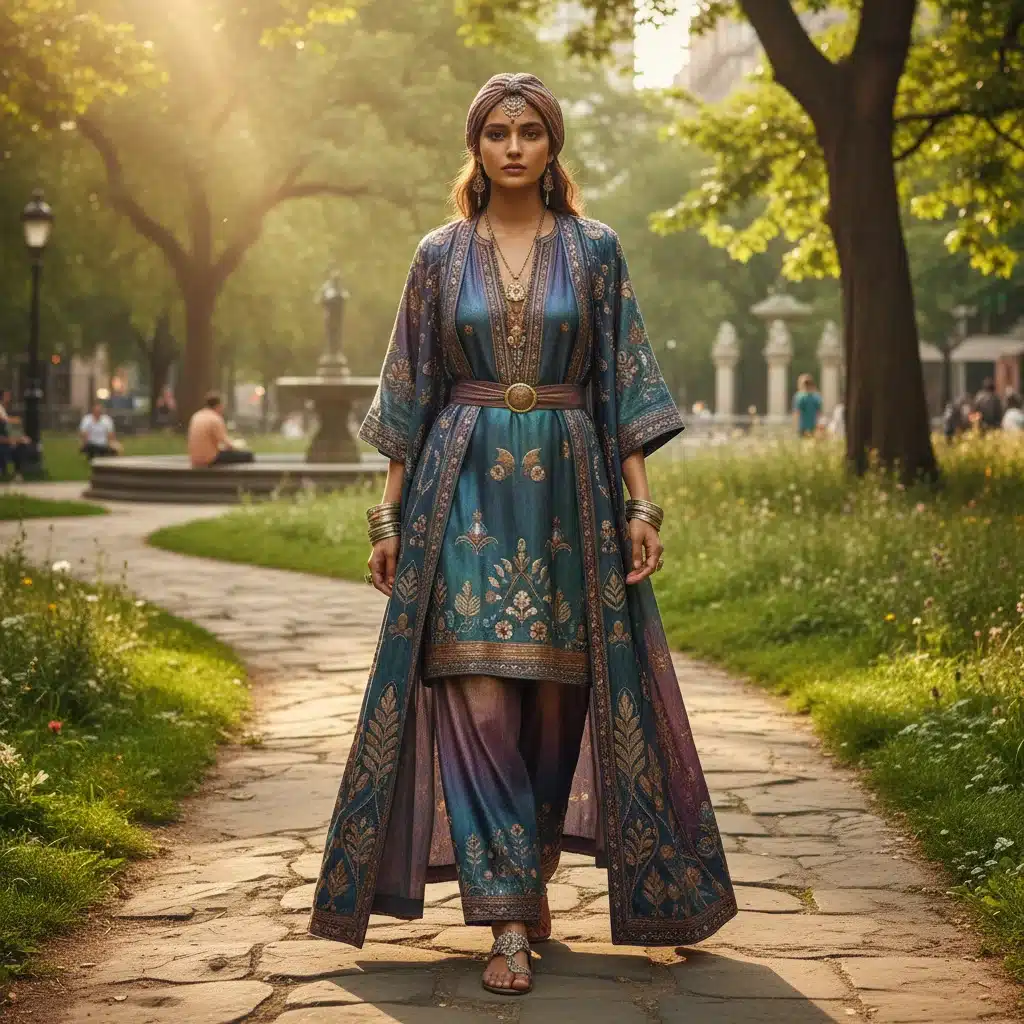 Neo-bohemian opulent fashion in park, iridescent fabrics
