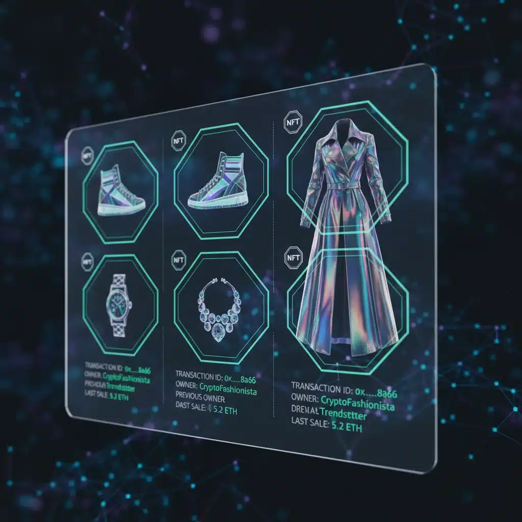 Blockchain ledger showcasing NFT digital fashion items and ownership records.
