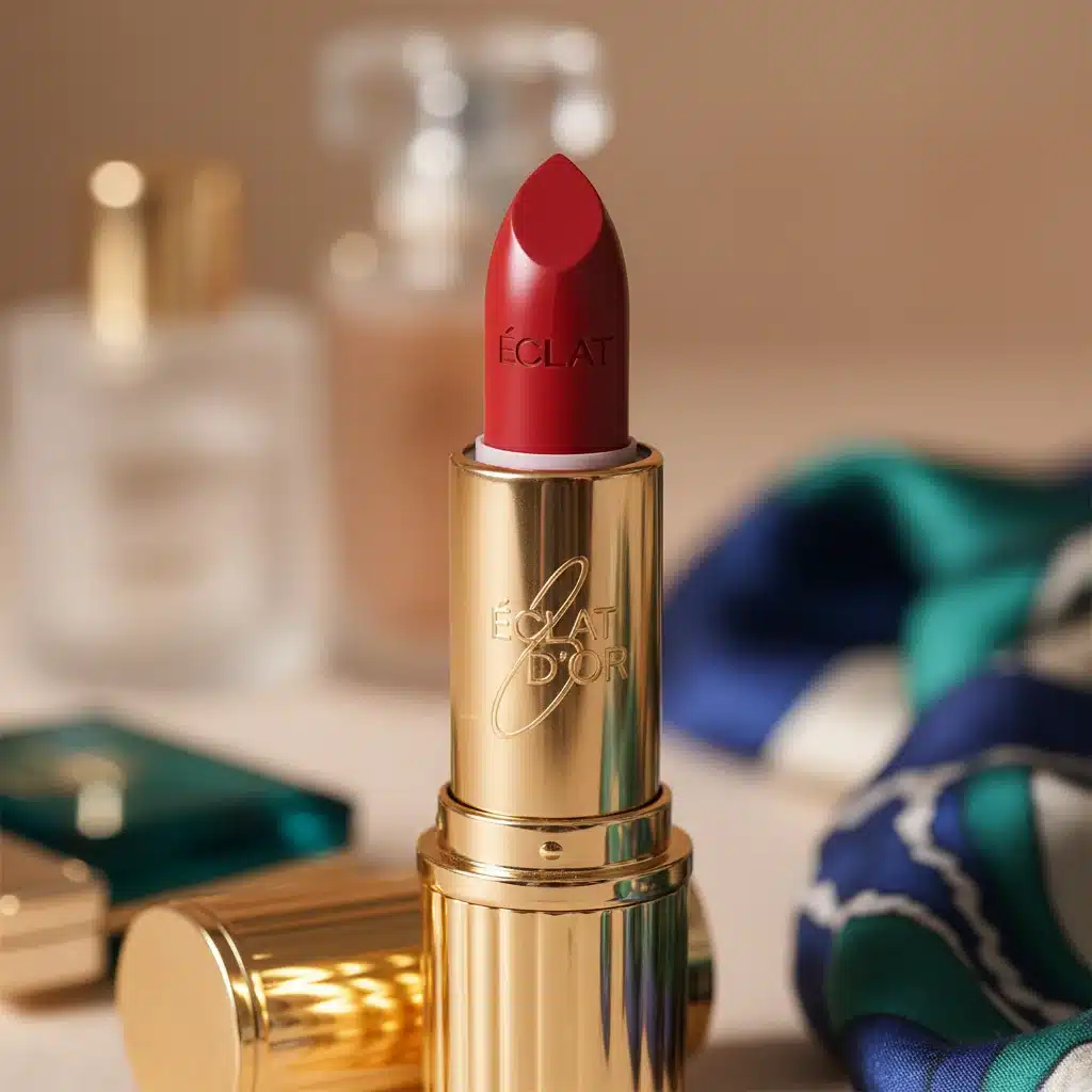 Opulent gold lipstick case with a high fashion brand logo, representing luxury beauty products.