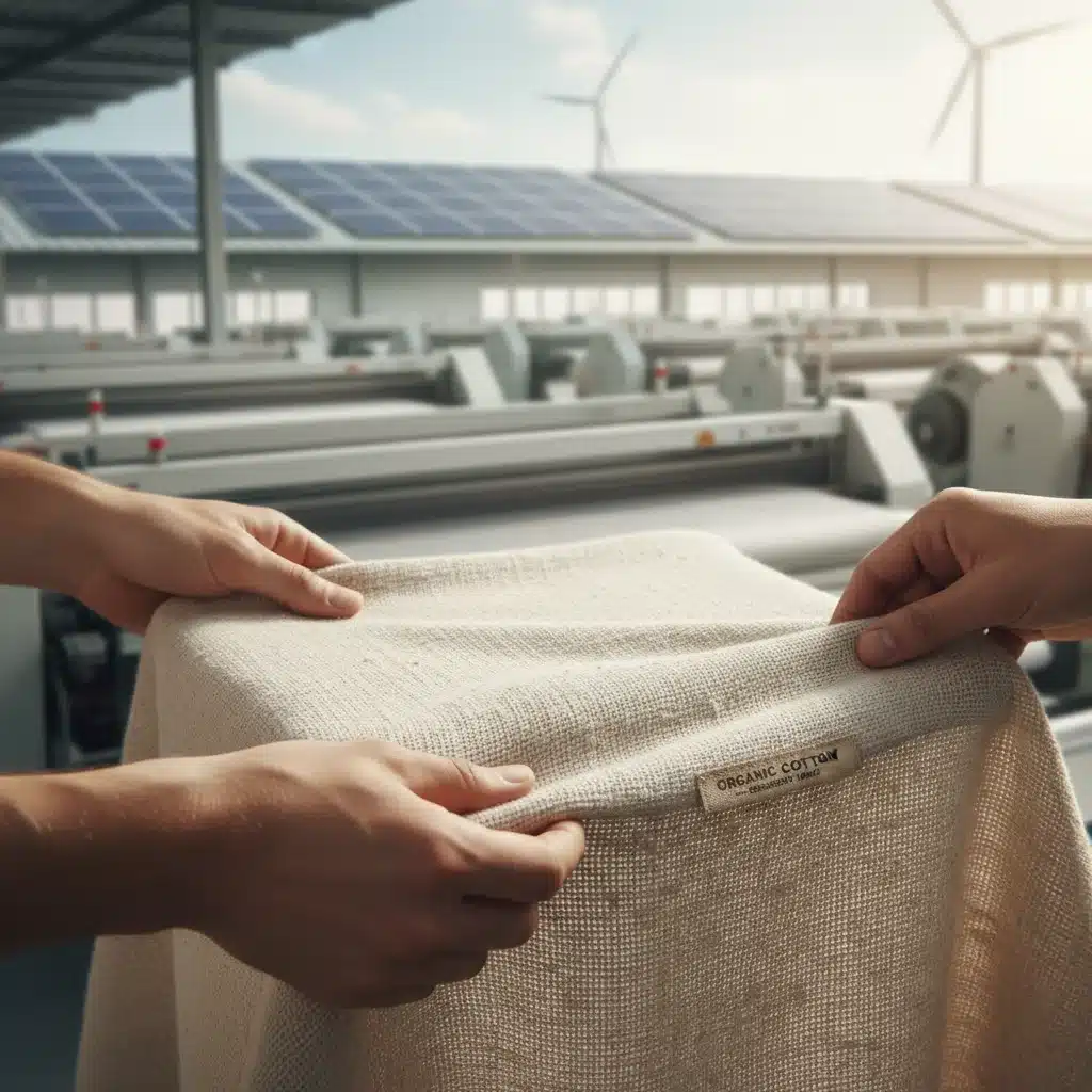 Hands inspecting organic cotton fabric, symbolizing sustainable material sourcing in fashion.