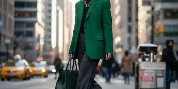 Woman in oversized tailored blazer, wide-leg trousers, and chunky loafers on a city street, embodying Fall 2025 fashion trends.