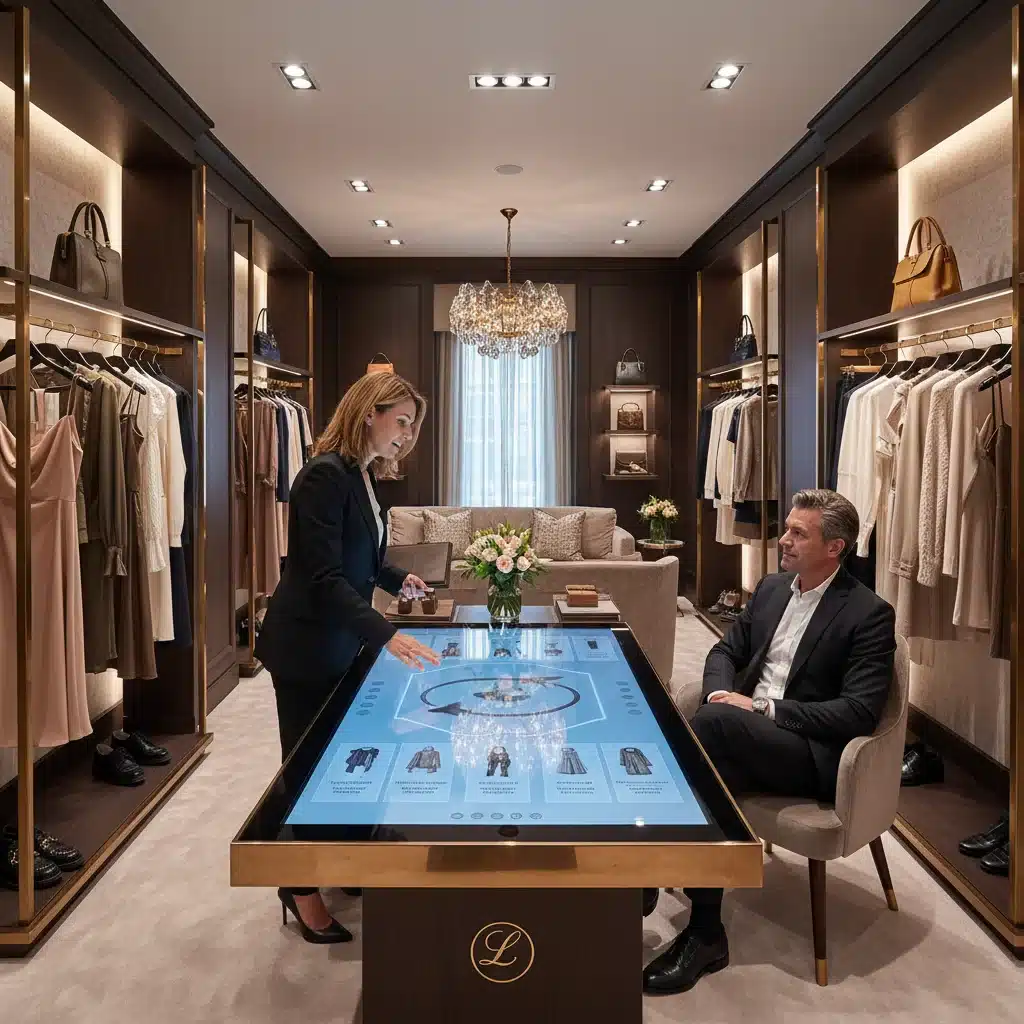 Personalized styling session in a luxury boutique with a stylist and customer using a large interactive display for recommendations.