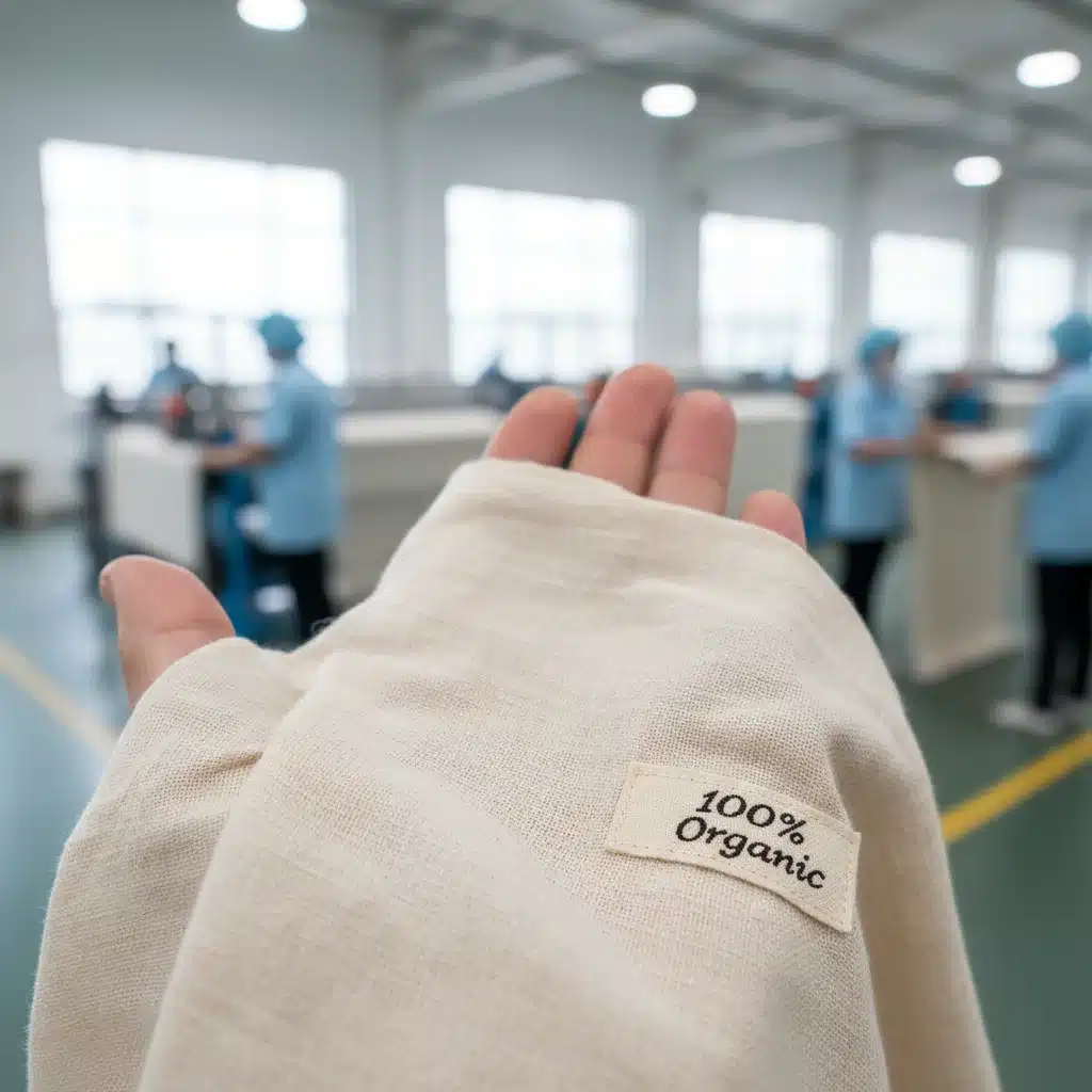 Detalle de tela de algodón orgánico con etiqueta de sostenibilidad y trabajadores textiles al fondo.