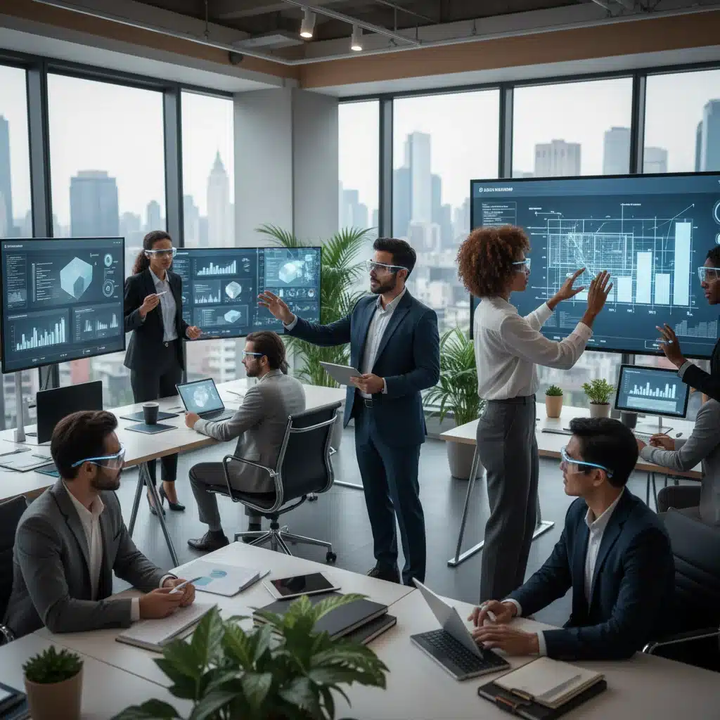 Professionals using smart glasses and rings for collaboration in an office