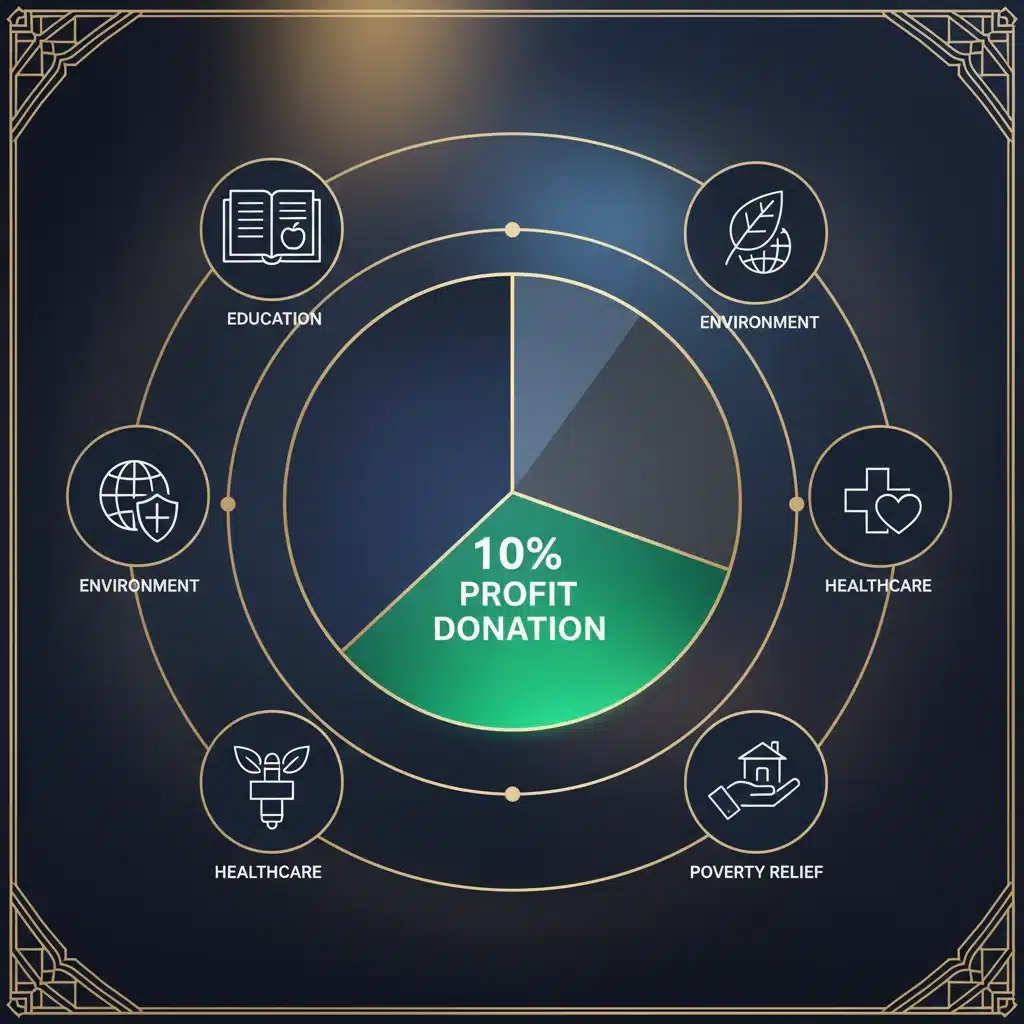 Infographic showing 10% profit donation to various social causes