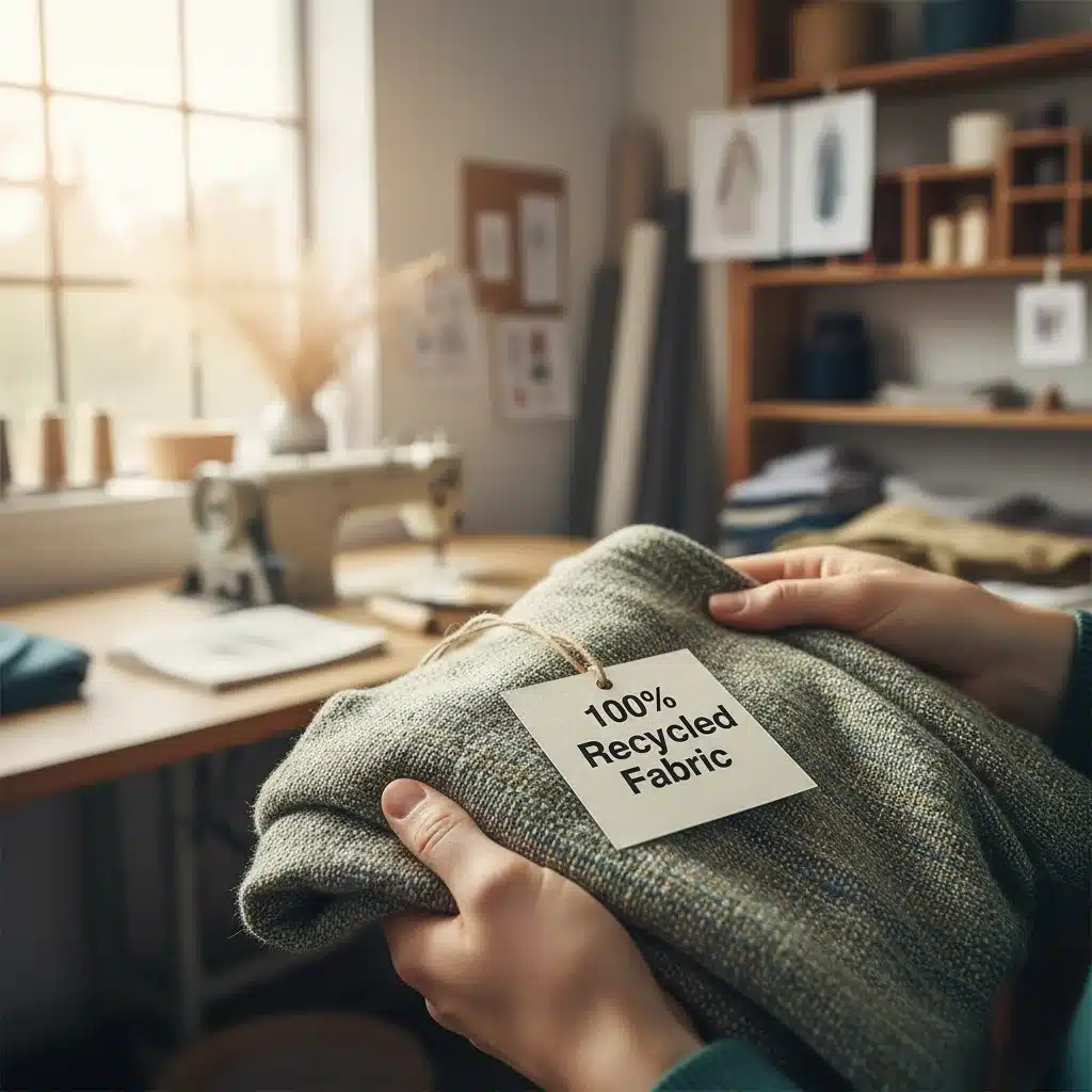 Close-up of recycled fabric clothing with a '100% Recycled Fabric' tag, emphasizing sustainable materials.
