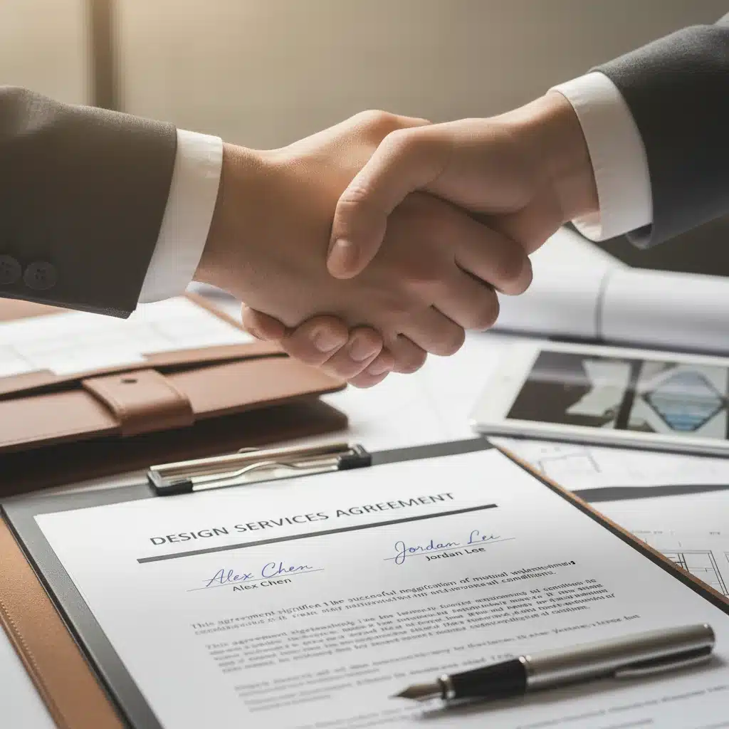 Hands shaking over a signed contract, representing legal agreements and partnerships for designers.