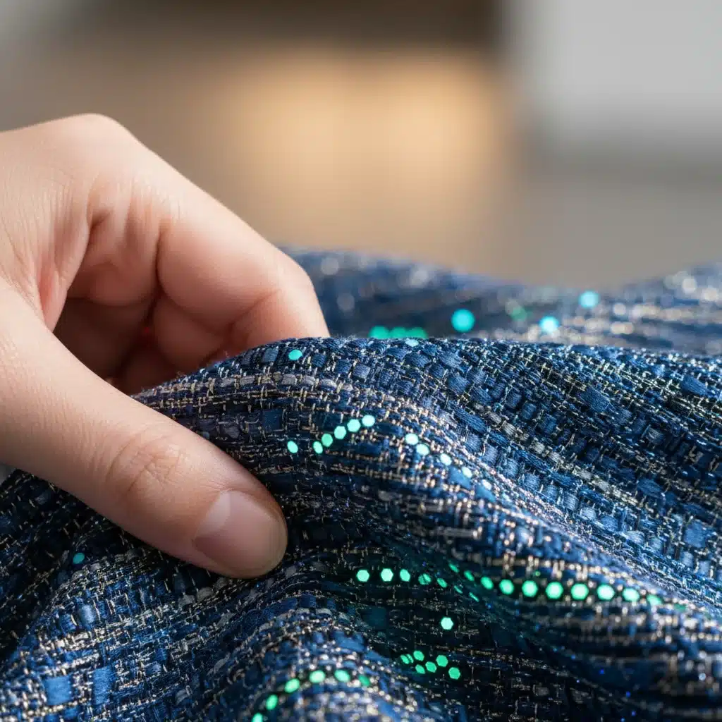 Hand touching smart textile fabric with integrated sensors for performance tracking