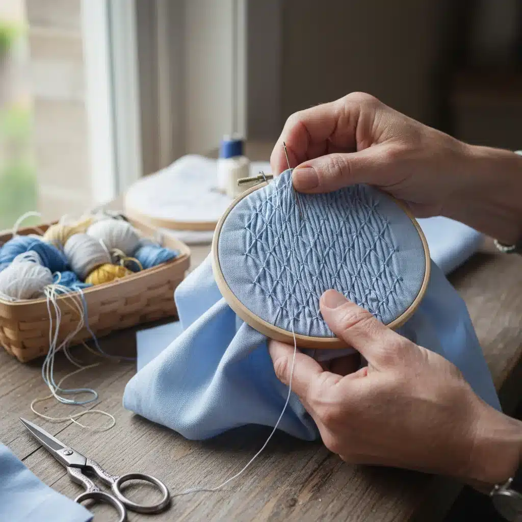 Artisan hands performing intricate smocking on fabric for a high fashion design.