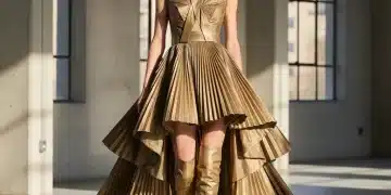 Model in architectural gold gown, Spring 2026 Haute Couture