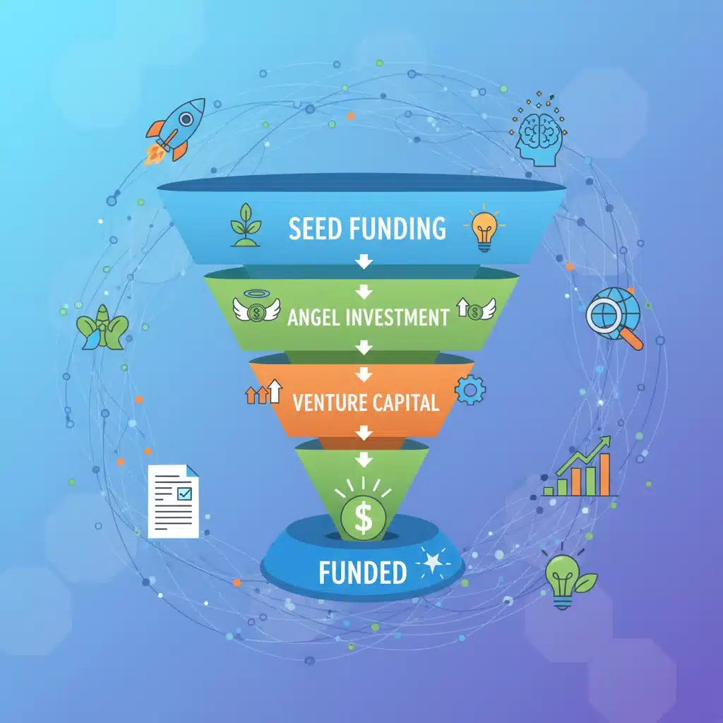 Startup funding funnel graphic showing different stages of investment for designers.