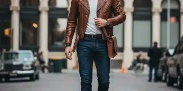 Person in classic leather jacket, dark jeans, and boots on urban street