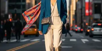 Stylish person walking in urban street, captured during golden hour, emphasizing contemporary fashion trends.