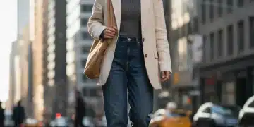 Stylish person in budget-friendly street style outfit walking city street