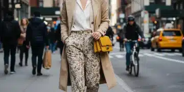 Stylish woman in spring street fashion, confidently walking on a city street.