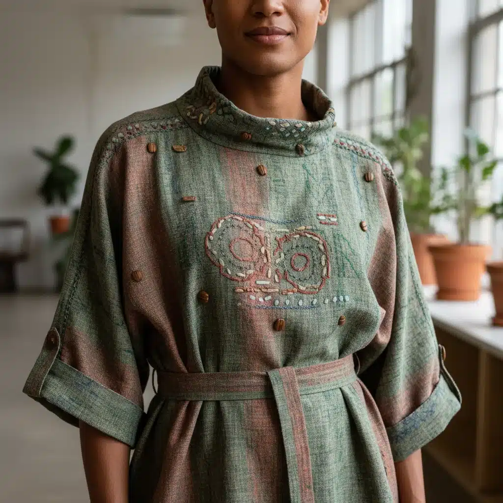 Model in gender-neutral, sustainable artisanal garment, showcasing 2026 fashion craftsmanship.