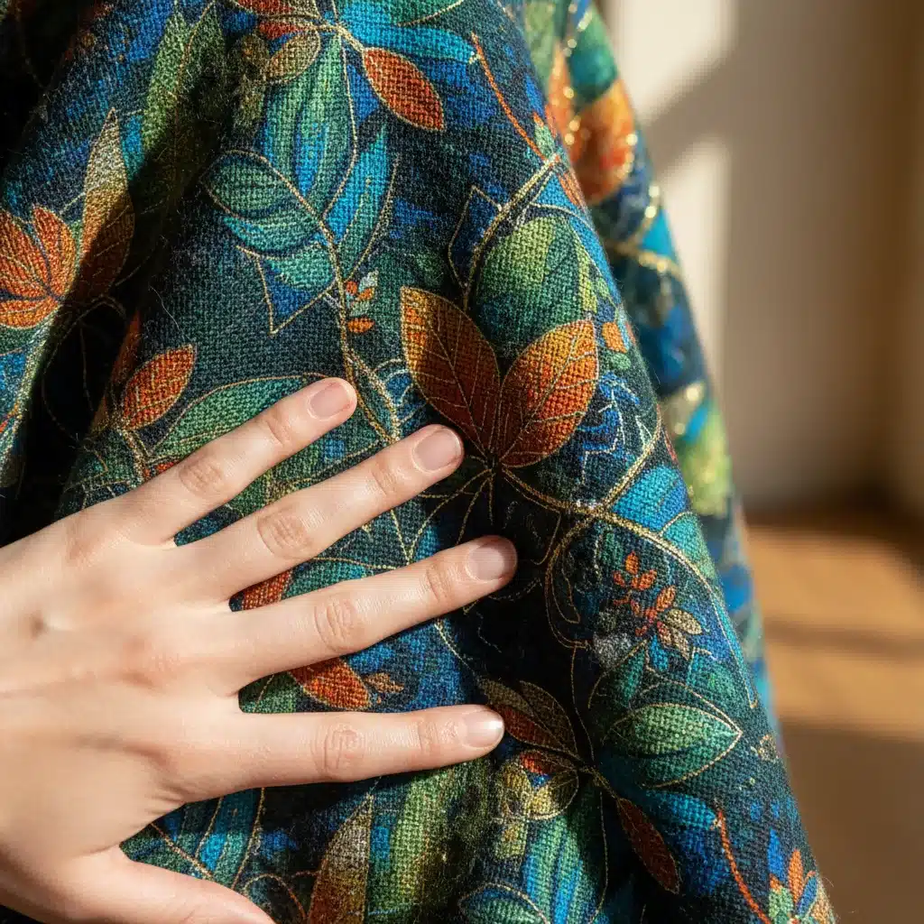 Close-up of sustainable fabric with intricate digital prints, showcasing craftsmanship and eco-conscious design.
