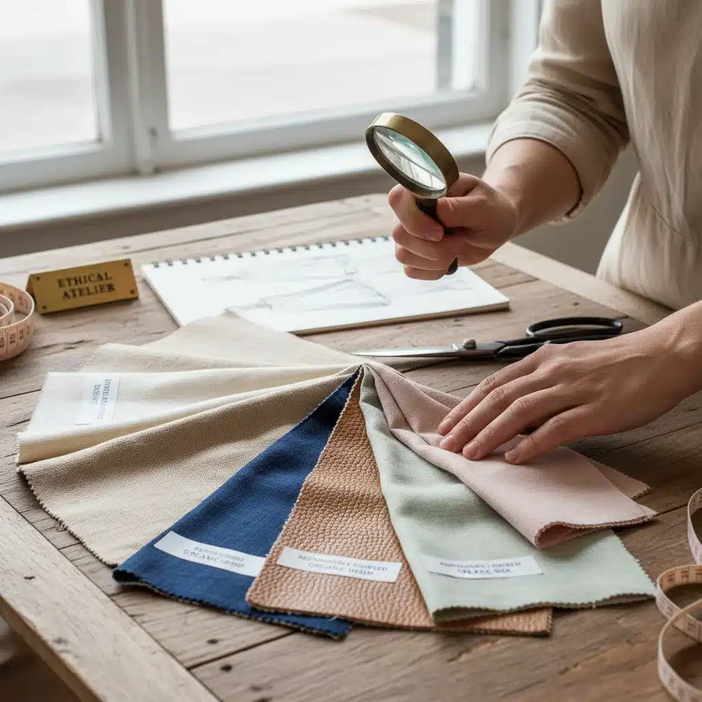 Designer selecting sustainable fabric swatches for bespoke creation