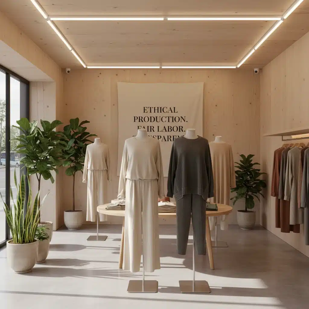 Sustainable fashion boutique interior with minimalist display of organic clothing and ethical production signs.