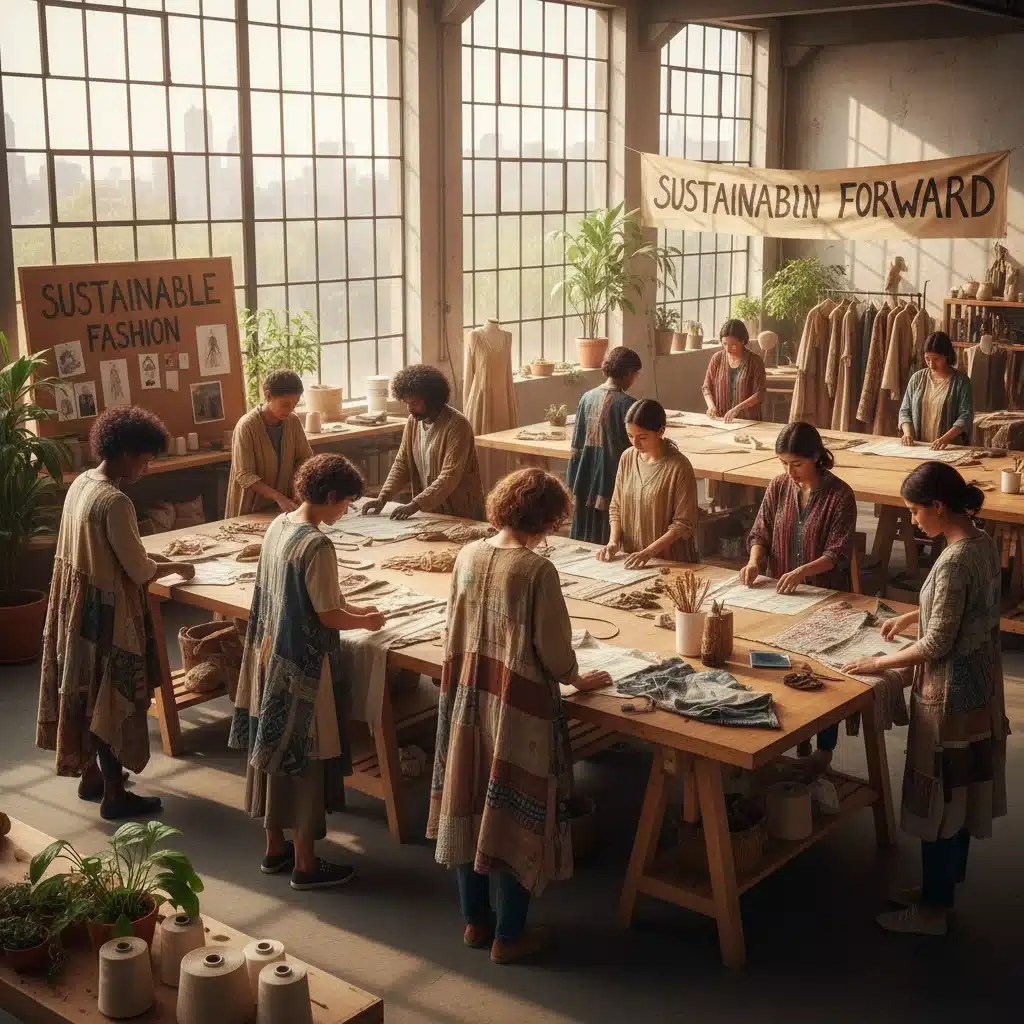 Sustainable fashion designers collaborating in a studio, focusing on ethical sourcing and upcycled materials.