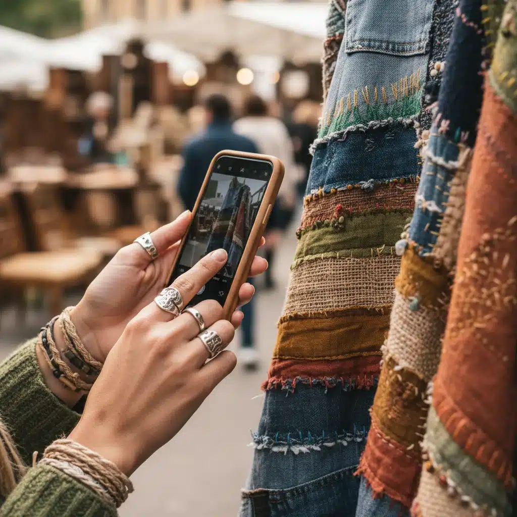 Influencer showcasing sustainable fashion details on a smartphone.
