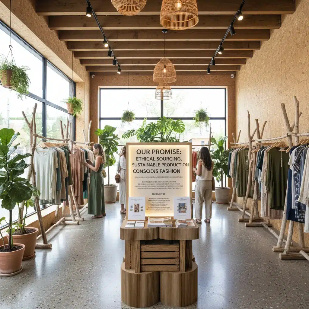 Sustainable fashion retail store interior with eco-friendly designs