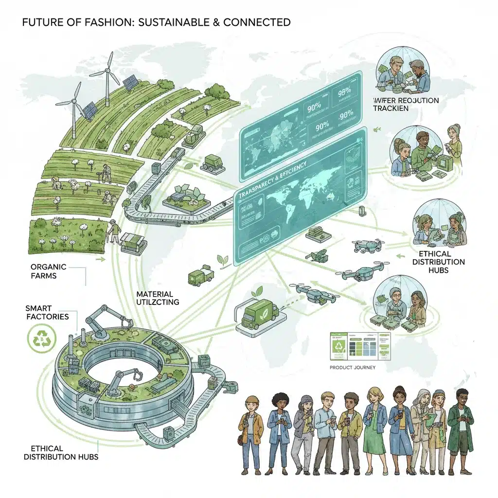 Sustainable fashion supply chain with smart monitoring and ethical practices.