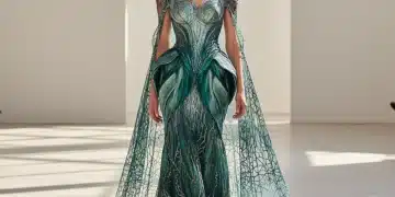 Model in sustainable haute couture gown made from innovative eco-friendly material