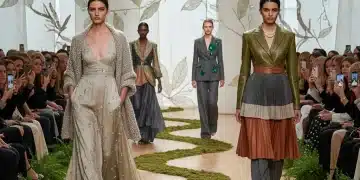Models on a runway showcasing high fashion garments crafted from sustainable luxury materials.