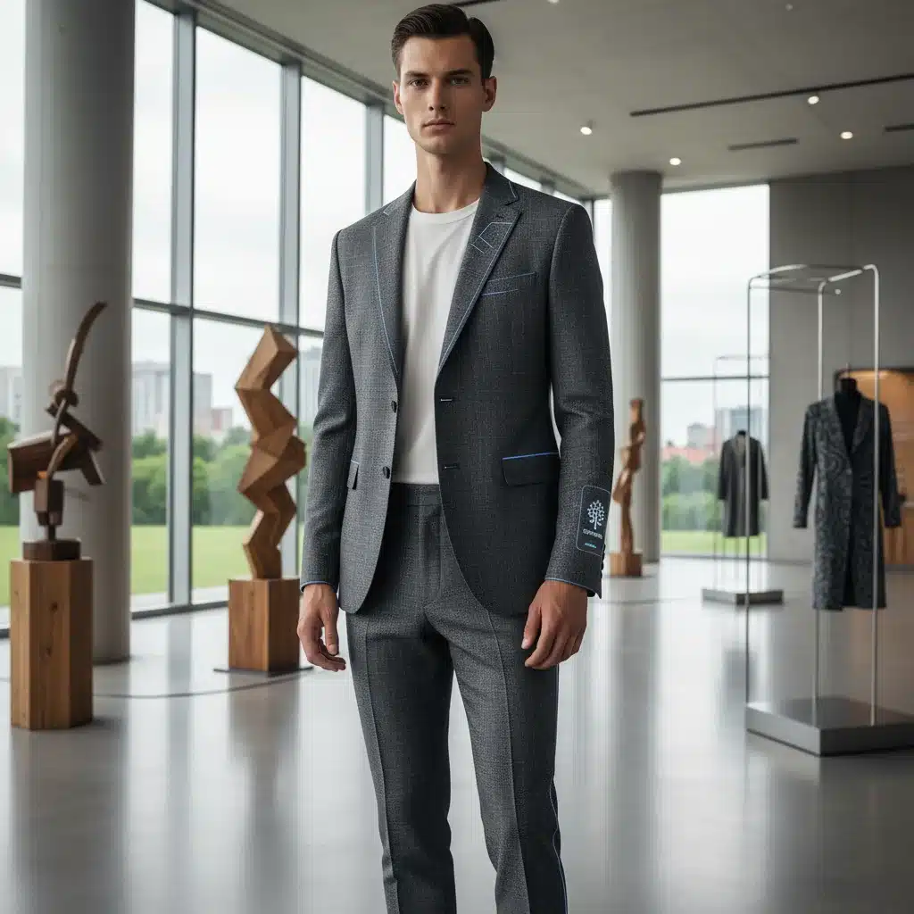 Male model in a minimalist, sustainable smart suit in a modern showroom.